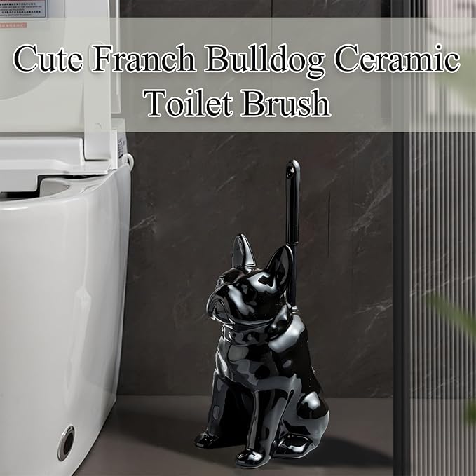 Ceramic French Bulldog Toilet Brush Holder – Hideaway Storage & Secure Fit, Space-Saving Design, Premium Ceramic Dog Lover Gift, Includes 2 Durable Scrub Brushes (Black)