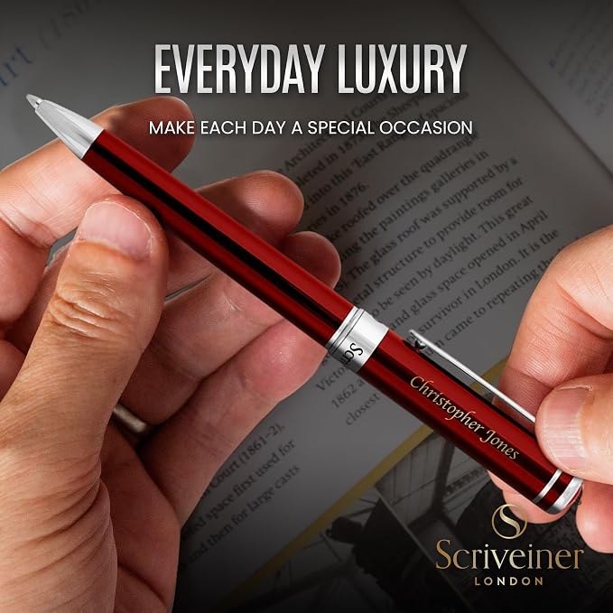 Scriveiner Personalized Deep Crimson Red Ballpoint Pen - Stunning Red Lacquer Luxury Pen with Chrome Finish, Schmidt Ink Refill, Engraved Ball Point Gift Set for Men & Women, Custom Engraving