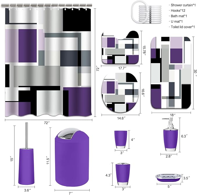 Lnond Purple Bathroom Set, 23-Piece Purple Black Geometric Bathroom Decor Set with with Shower Curtain and Rugs, Trash Can, Toilet Brush Holder Set & Soap Dispenser