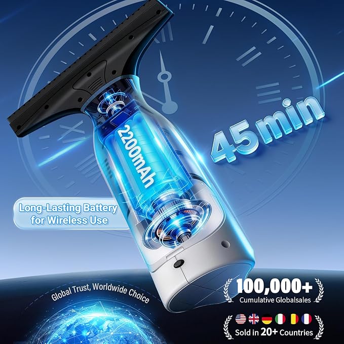 Eave Window Vacuum Squeegee Cordless, Electric Window Cleaner Kit with 11" & 6.7" Squeegee Blades, 2000Pa Vacuum Squeegee with 45min Battery Life & 270ml Water Tank, Suitable for Windows, Mirrors