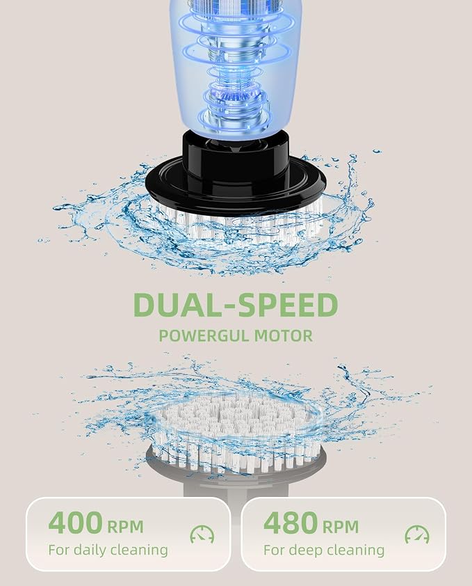 Cordless Electric Spin Scrubber, 8-in-1 Bathroom Cleaner | Bathroom scrubber, LED display, dual speeds, IPX7 waterproof, interchangeable heads for grout, tub, shower, wet-dry vacuum