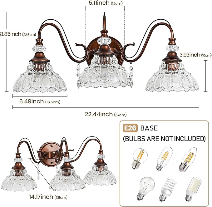 Vintage Bathroom Vanity Light, 3-Light Matte Antique Red Bronze Finish Wall Sconce with Hanging Crystal Accent and Flower-Shaped Clear Glass Shades, Retro Wall Mount Vanity Light Over Mirror