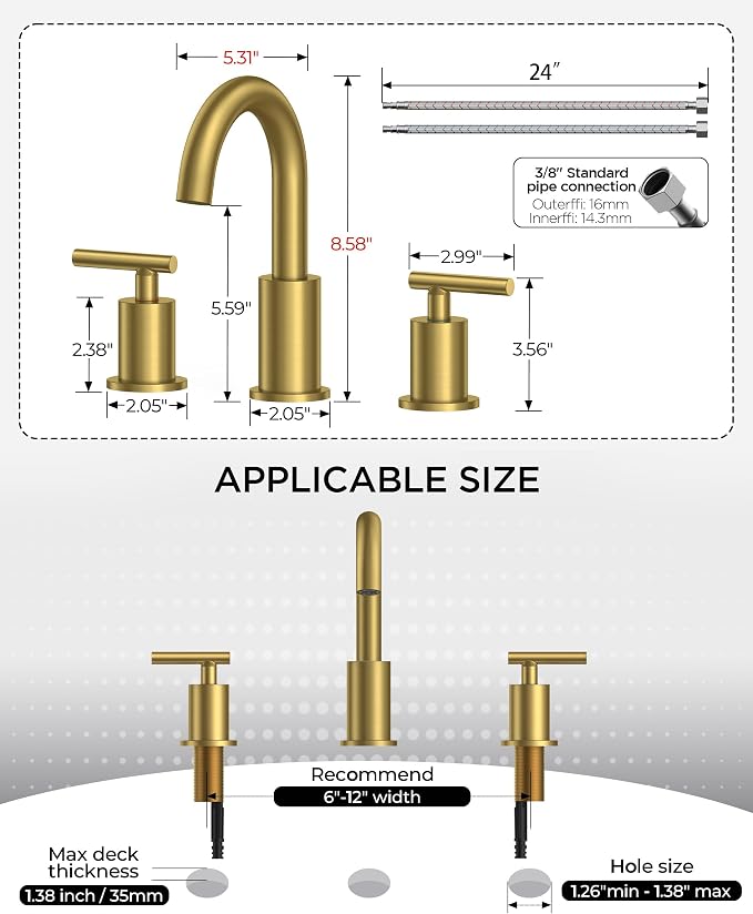 FORIOUS 2 Pack 8 Inch Widespread Brushed Gold Bathroom Faucet 3 Hole, 2 Handle Gold Sink Faucet Bathroom Vanity with 360 Degree Swivel Spout, with Pop Up Drain and cUPC Supply Line