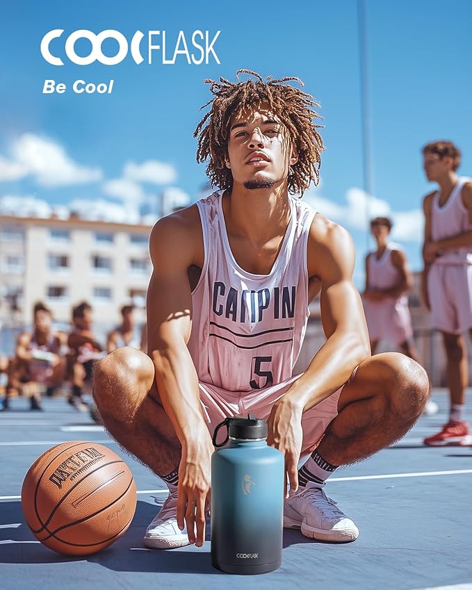 Coolflask Water Bottle 87 oz with Straw, 2/3 Gallon Insulated Stainless Steel Large 3 Lids Big Water Jug for Sports or Office, Non-BPA Keep Cold Up to 48 Hrs or Hot Up to 24 Hrs, Samurai Cyan