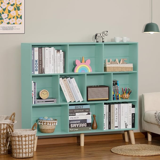 LEYAOYAO 10 Cube Bookshelf, Mid-Century Modern Book Shelf with Legs, Green | 3 Tier Bookcase, Rustic Wood Bookshelves Freestanding Large Storage Organizer, Open Shelves for Bedroom, Living Room, Office