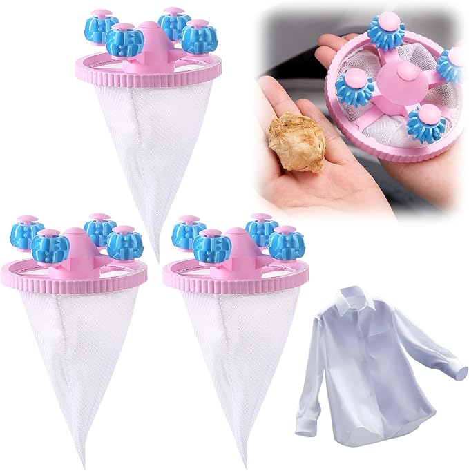 Washing Machine Hair Filter Mesh Bags, Floating Hair Filtering Mesh Removal, Pet Hair Remover for Laundry, Lint Catcher for Washing Machine, Reusable Washer Lint Catcher for Dog & Cat Hair (3, Pink)