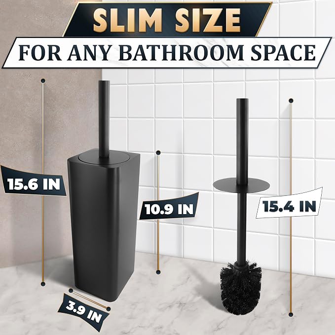 Black Toilet Brush and Holder Set - Slim Matte Design that Fits Anywhere - Stainless Steel Toilet Bowl Brush and Holder with 2 Rounded Corners, Replaceable Head, Removable Inner Bowl & Splash Guard