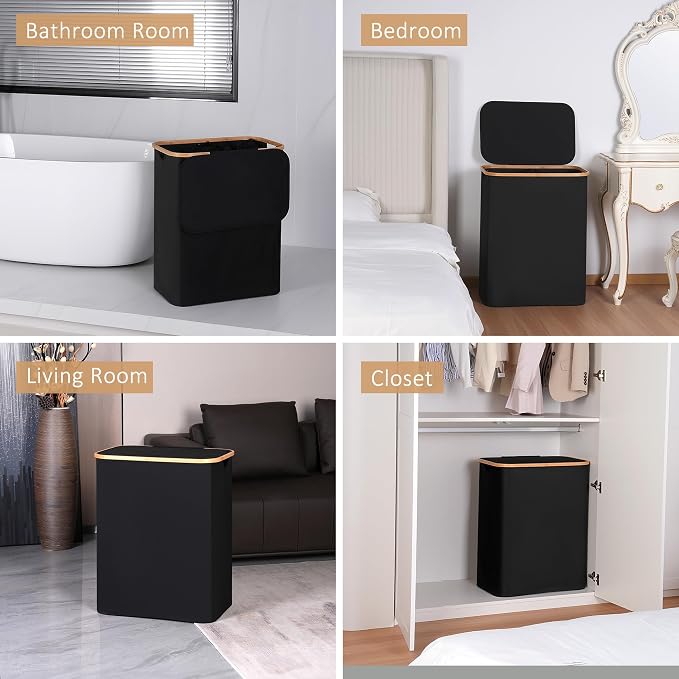 iEGrow 150L Laundry Basket with Lid,Large Laundry Hamper with Bamboo Handles, Hampers for Laundry, Dirty Clothes Hamper with 2 Removable Inner Bags for Clothes Towels,Black