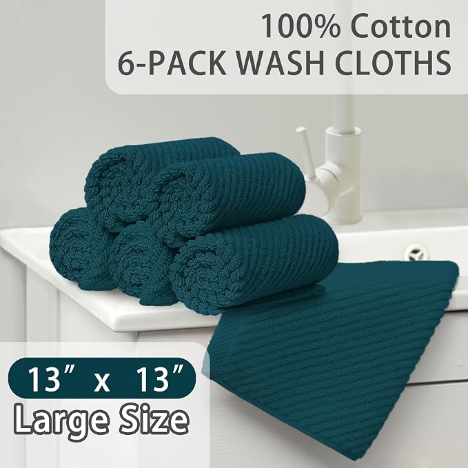 VOOVA & MOVAS Face Towels 6PC, 100% Cotton, 13x13 in, Deep Turquoise | Thick, Quick Dry, Soft, Absorbent, Fluffy Bathroom Hand Towels, Wash Cloths For Showering, Towel Gift Set