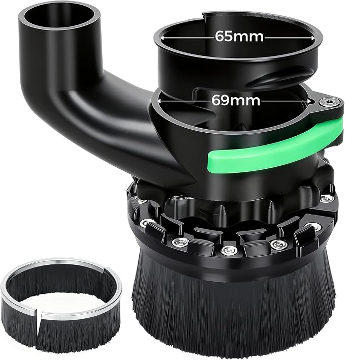 CNC Dust Shoe for 65mm & 69mm Spindles, Dual Brush, 1.5in Port | Improves CNC dust collection with 65/69mm spindle fit, dual brush sealing, magnetic access and quick-lock installation.