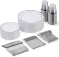 Goodluck 150 Pieces Silver Disposable Plates for 25 Guests, Plastic Party, Wedding, Dinnerware Set of Dinner Plates, Salad Spoons, Forks, Knives, Cups
