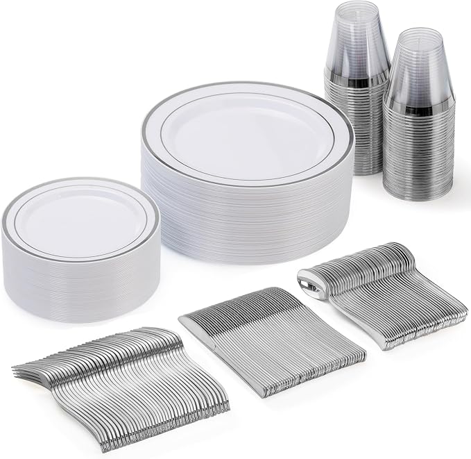 Goodluck 150 Pieces Silver Disposable Plates for 25 Guests, Plastic Party, Wedding, Dinnerware Set of Dinner Plates, Salad Spoons, Forks, Knives, Cups