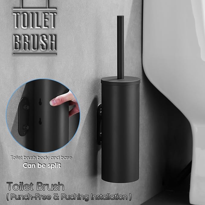 Toilet Bowl Brush and Holder, Black | 304 Stainless Steel, No-Punch Hook Base, Removable Inner Bucket, Splash Cover, Soft Bristles