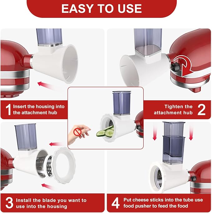 Upgraded Version - Cheese Grater Slicer Shredder Attachments for All KitchenAid Stand Mixers, Food Slicers Salad Maker Accessory Vegetable Chopper with 4 Blades Dishwasher Safe