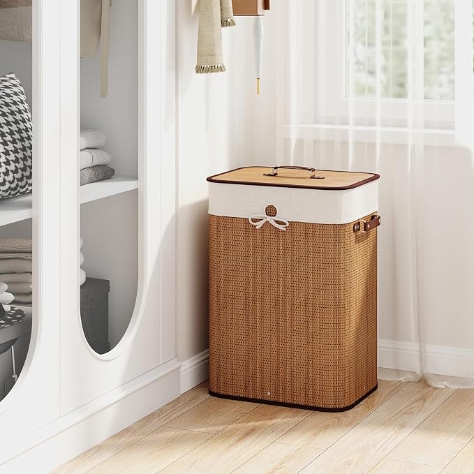 Giantex Bamboo Laundry Hamper with Lid Removable Liner & Handles | 72L Large & Tall Clothes Hamper, Rectangular Laundry Basket for Small Spaces, Laundry Room, Bedroom, Bamboo