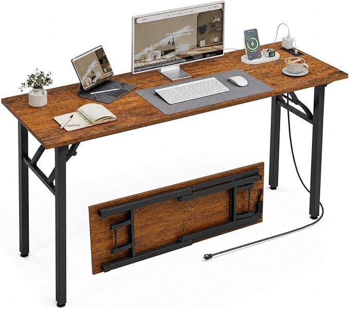 XBurmo Small Folding Desk Folding Table, No Assembly Foldable Desk Gaming Desk, 55.1-Inch Computer Table Workstation with 2 AC Outlets and 2 USB Ports for Bedroom and Home Office, Rustic Brown
