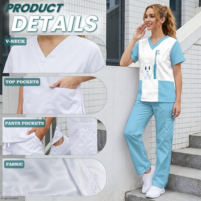 Gomyblomy Women's Scrubs Suit 3-Piece Set | Teeth Print V-Neck Top & Pants & Cap, Breathable and Stretch Fabric, S-5XL
