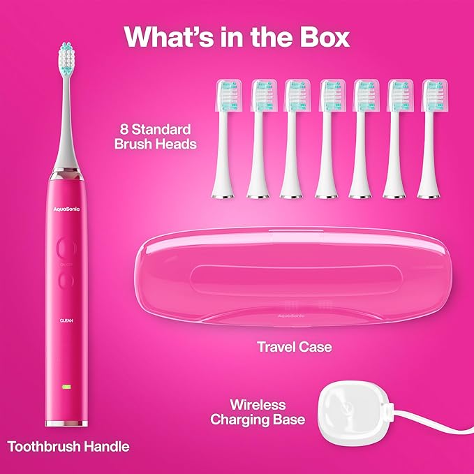 Aquasonic Vibe Series Ultra-Whitening Toothbrush – ADA Accepted Electric Toothbrush - 8 Brush Heads & Travel Case – 40,000 VPM Motor & Wireless Charging - 4 Modes w Smart Timer – Electric Pink