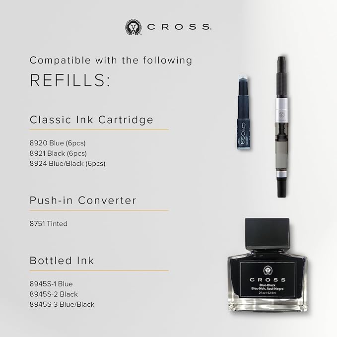 Cross Bailey Refillable Fountain Pen, Medium Nib Gift Set, Includes Fountain Pen, Ink Cartridges, Bottle Ink, Converter, Premium Gift Box - Black