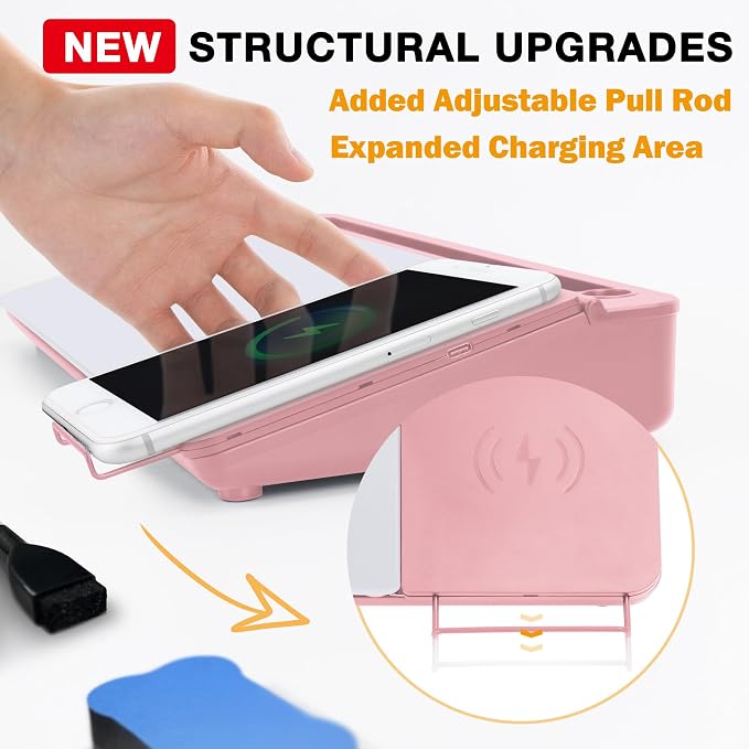 SELEAD Desktop Glass Whiteboard with Wireless Charger Station and Mirror, Dry Erase Board Computer Pad Keyboard Stand with Organizer for Home, School, Office Desk Accessories, Pink