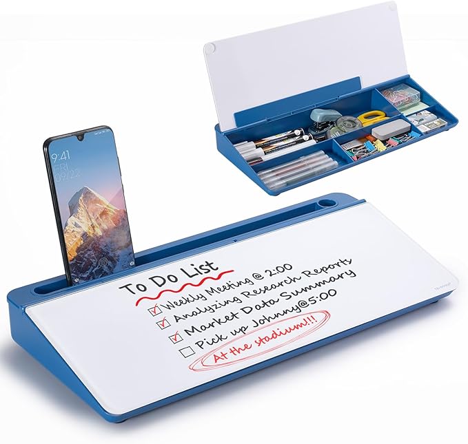 TSJ OFFICE Desktop Whiteboard Dry-Erase-Board - Computer Keyboard Stand White Board Surface Pad with Drawer, Desk Organizers with Accessories for Office, Home, School Supplies - Blue