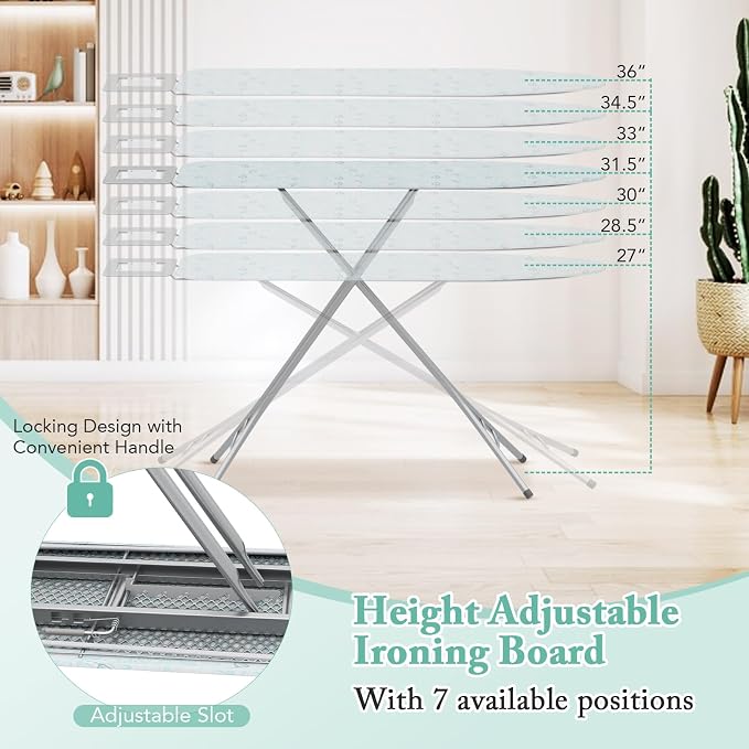 COSTWAY Ironing Board Full Size, Foldable Iron Table w/Rest, Height Adjustable, Removable Cover, Heavy-Duty Metal, Compact and Space Saver Iron Board for Living Room, Laundry (Turquoise Leaves)