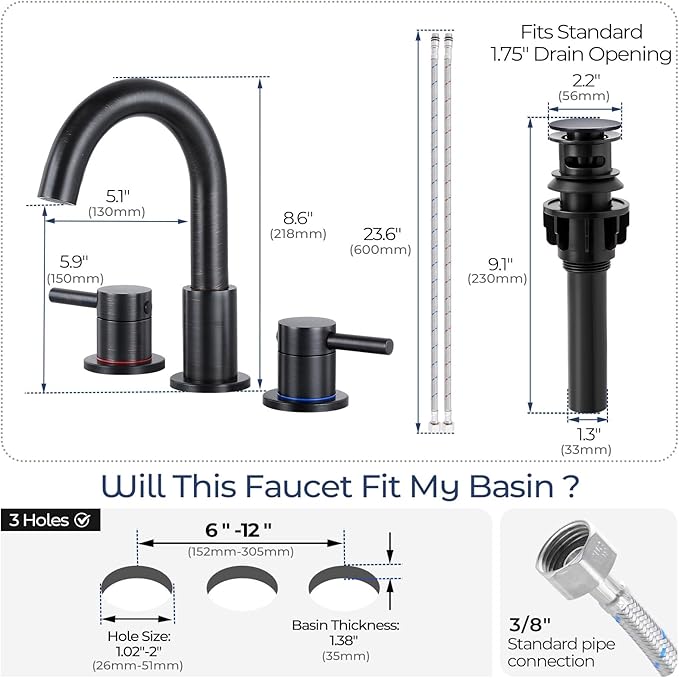 Bathroom Faucet 3 Hole, Oil Rubbed Bronze Bathroom Sink Faucet with Pop Up Drain, 8 inch Widespread Bathroom Faucet with 360° Swivel Spout, 2 Handle Vanity Faucet with Water Supply Hoses