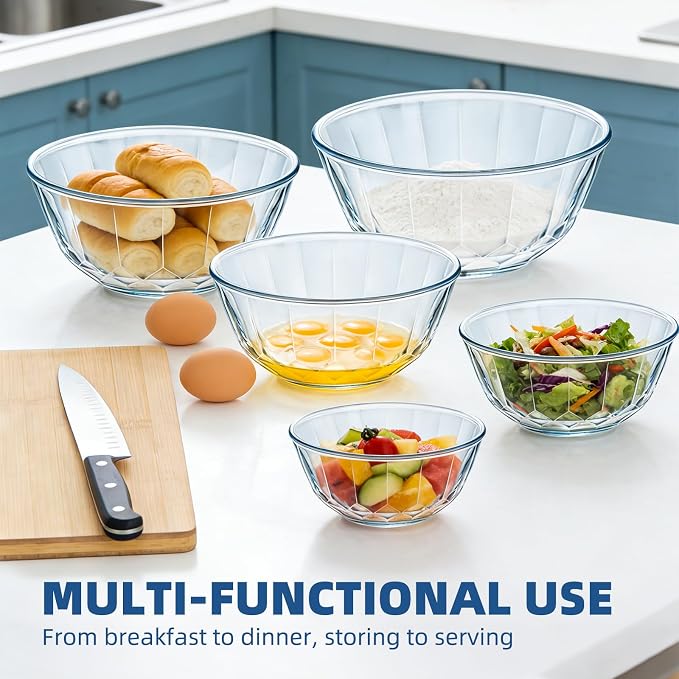 Luvan 5-Piece Glass Mixing Bowls Set with Lids - Clear Salad Bowls with Lids Set, Diamond Pattern Large Glass Mixing Bowl for Baking Prep, Serving & Storage