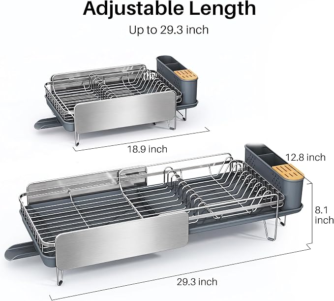 SNTD Dish Drying Rack - Large Dish Racks for Kitchen Counter, Expandable Dish Drainers with Cutlery Holder Stainless Steel Rustproof (Silver)