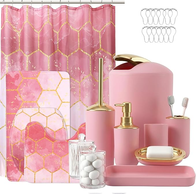 25 Pieces Bathroom Set Pink and Gold Bathroom Accessories Set, Shower Curtain and Rugs, Trash Can, Toilet Brush, Soap Dispenser, Soap Dish, Toothbrush Holder, Tumbler, Tray, Qtip Holder for Home Decor