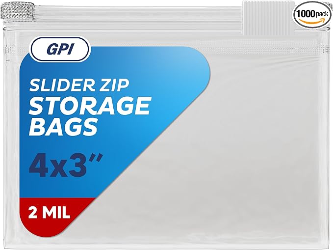 1000 Count - Slider Zip Food Storage Snack Bags, 4" x 3" 2 Mil, Strong & Durable For Freezer Storage, For Nuts, Candy, Snacks, Seeds, Jewelry & More. GPI