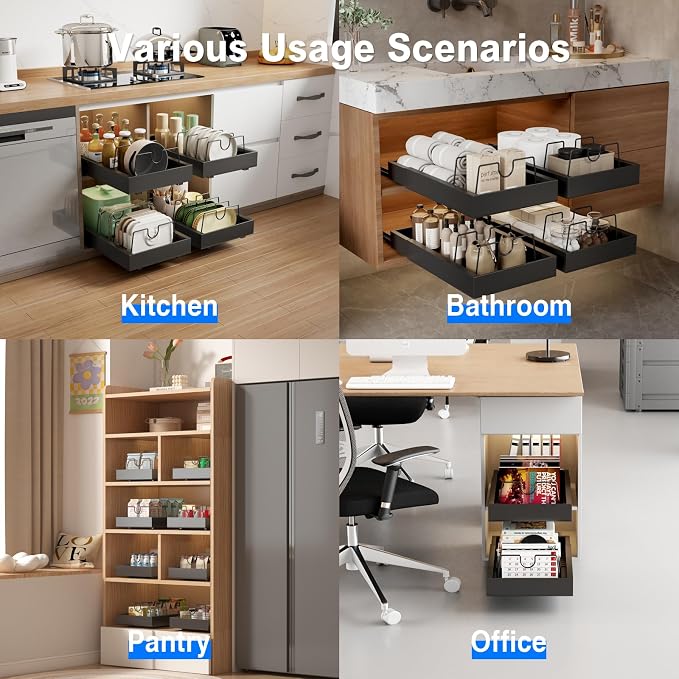 Mustorn 2 Pack Pull Out Cabinet Organizer with 8 Dividers,21.8" Deep Slide Out Drawers for Cabinets Adhesive Pull Out Drawers Heavy Duty Pull Out Shelves for Kitchen, Cupboard, Pantry, Bathroom-Black