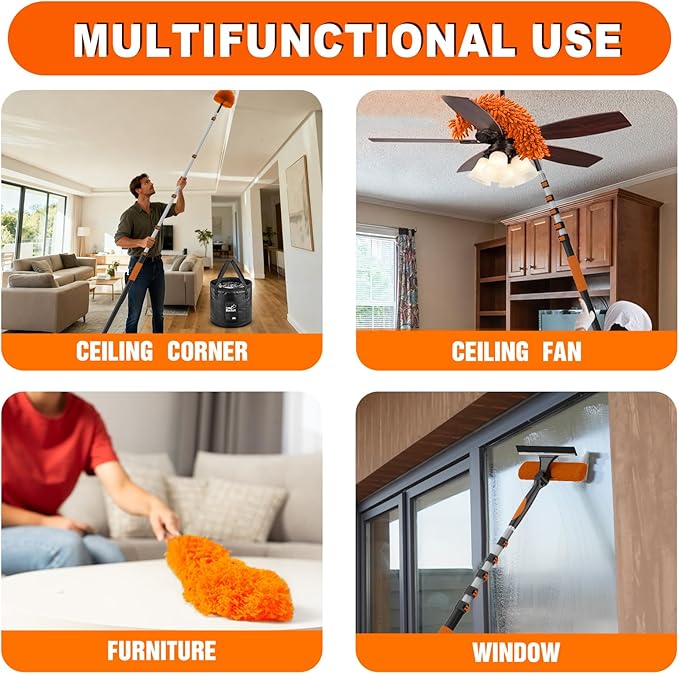 SISUPASSIE 30FT Reach High Ceiling Duster Kit, Window Cleaning kit with 5-24FT Extension Pole, Fan Duster for Ceiling Fan Blades, Microfiber Feather Duster, Window Squeegee