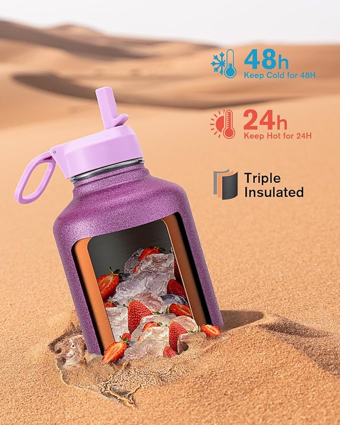 Coolflask Half Gallon Water Bottle Insulated with Straw & 3 Lids, 64 oz Water Jug Large Metal Stainless Steel Wide Mouth for Sports, Gym or Office, Non-BPA Keep Cold 48H Hot 24H, Glitter Pink