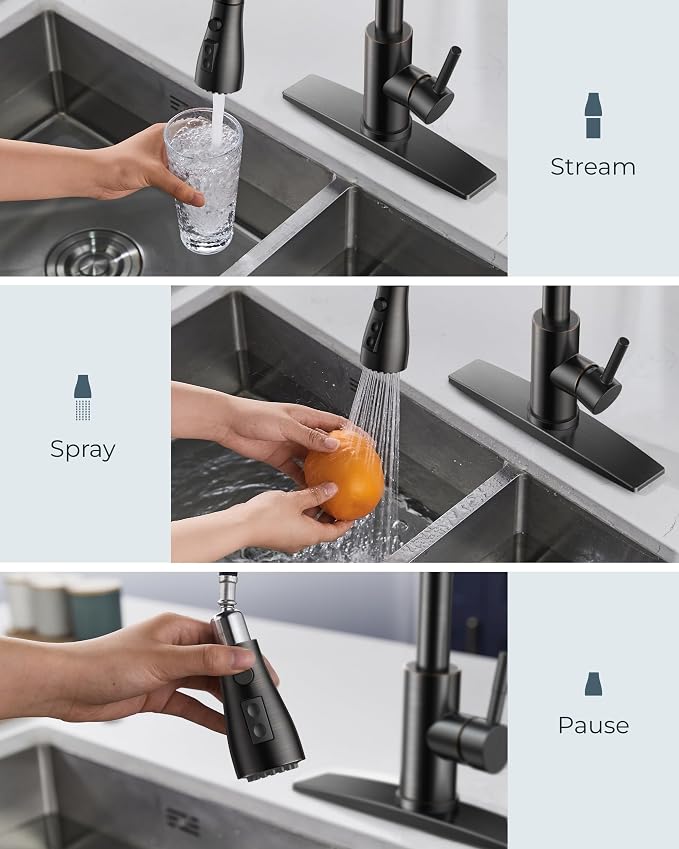 FORIOUS Kitchen Faucet with Soap Dispenser and Pull Down Sprayer, Bar High Arc Single Handle Classic 3 Modes Stainless Steel Faucet for Kitchen Sink Farmhouse RV Laundry Camper, Oil Rubbed Bronze
