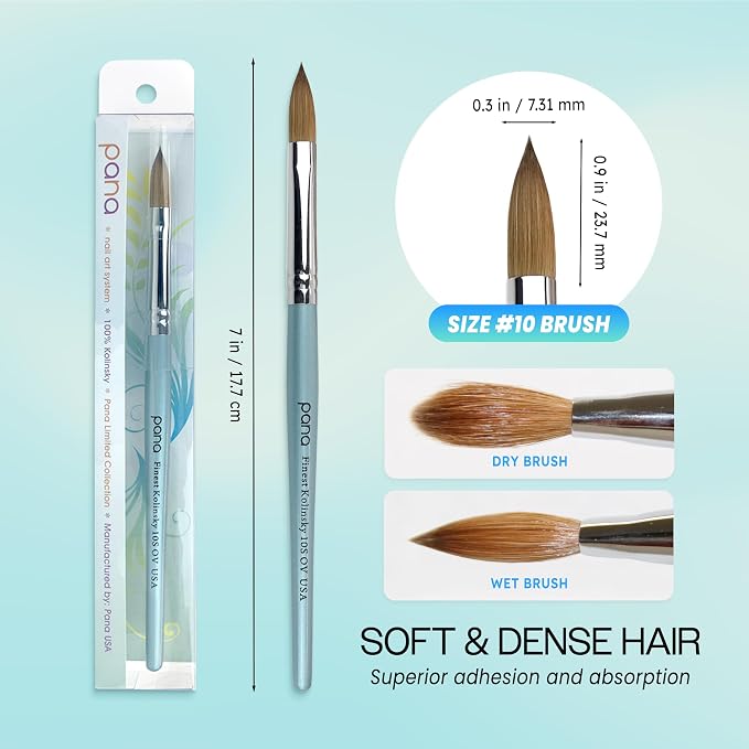 pana USA Acrylic Nail Brush100% Pure Kolinsky Hair New Teal Wood Handle with Silver Ferrule Oval Crimped Shaped Style (Size # 10)