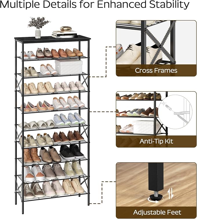 YATINEY 10 Tier Shoe Rack, Large Capacity Shoe Storage Organizer Holds 40 Pairs, Sturdy and Stable, for Entryway, Hallway, Closet, Dorm Room, Black SS10BB