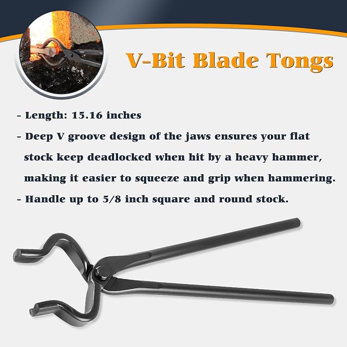 Blacksmith Tongs - V-Bit, Blade, Flat, Wolf Jaw Forge Tong (4PCS) | Assembled Steel Knife Making Tong Set for Blacksmithing Bladesmith Bladesmithing
