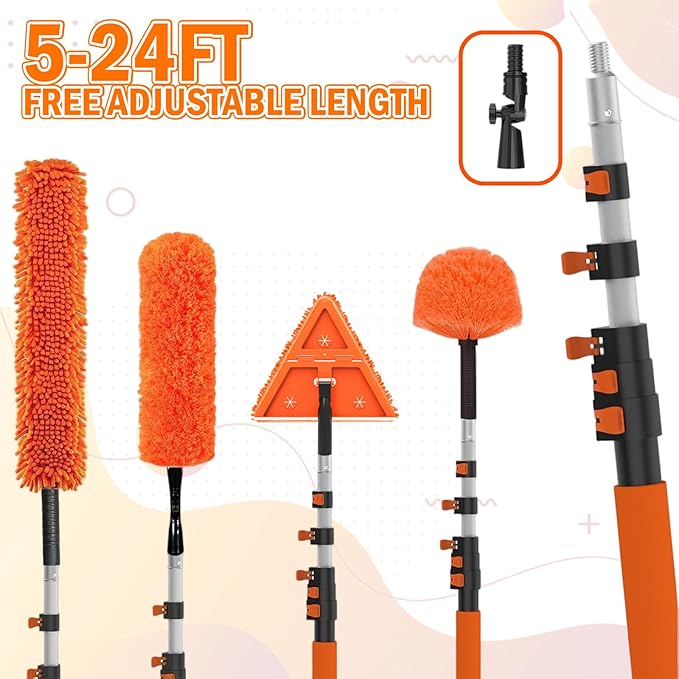 LAANPOLE 30FT Reach Dusters for Cleaning, Ceiling Fan Cleaner Duster with Extension Pole, Wall and Baseboard Cleaner Mop with Handle for Window Cobweb Fan Blade and High Ceiling