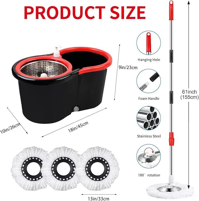 Operable 360 ° Rotating Mop Bucket Set,Mop and Bucket with Wringer Set,with 3 Microfiber Replacement Head,Stainless Steel Mop Bucket 61 Inch Adjustable Handle Household Cleaning Tools（2 Sets