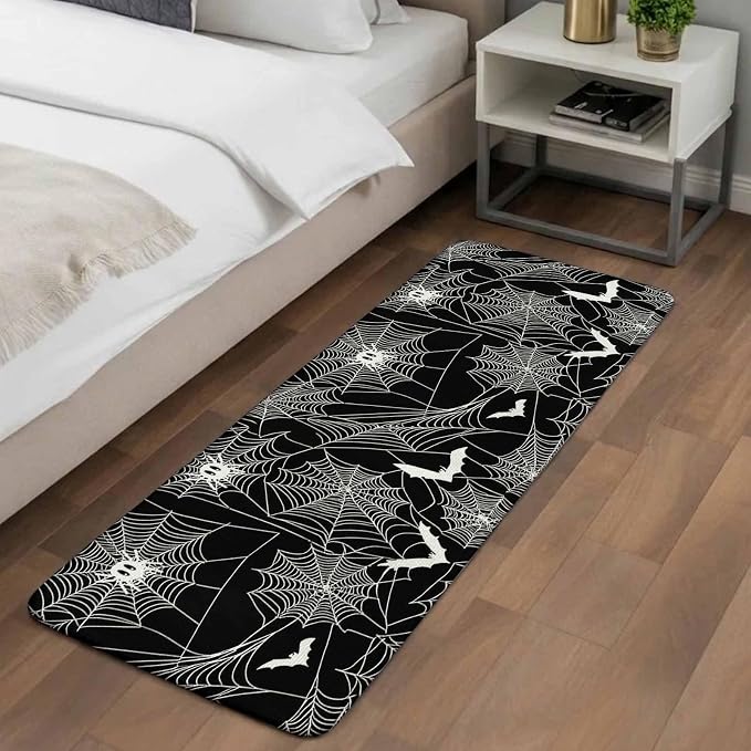 Halloween Bathroom Runner Rugs Non Slip Washable Absorbent Narrow Long Bath Mat Black Scary White Bat Animal Net Geometric Runner Rugs for Kitchen Hallway Bedroom Laundry Study Room 15.7"x47.2"