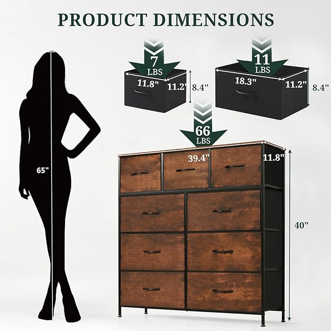 9-Drawer Dresser for Bedroom, Anti-Tip Tall Storage Organizer Chest of Drawers with Wooden Top and Metal Frame Fabric Bins for Closet, Living Room, Hallway, Entryway, Brown