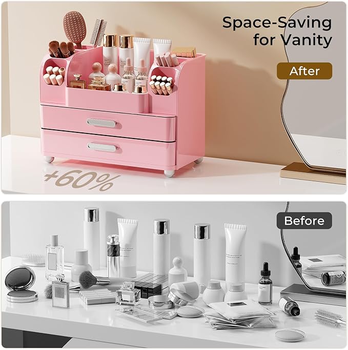UFORU Makeup Organizer for Vanity with 2 Large Drawers, Cosmetic Display Case with Brush Holders, Easy to Storage for Bathroom Countertop Skincare, Desk Office Supplies, All Pink