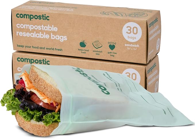 Compostic Compostable XL Sandwich Bags (60 Count) Starter Pack — Resealable Zip-Seal, Plant-Based, Home Compostable, Freezer & Microwave Safe, BPA-Free, Non-Toxic, GMO-Free Food Storage Bags