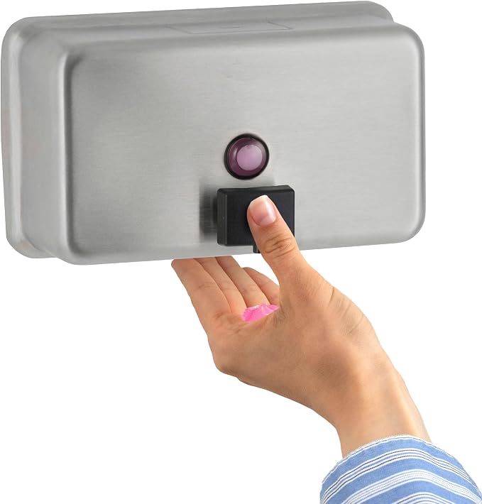 Bobrick Surface-Mounted Soap Dispenser - Satin-Finish Stainless Steel, 40-fl oz Capacity, Manual Liquid Soap Dispenser with Low Soap Indicator, Top Fill, Vandal-Resistant, Wall-Mounted Design (B-2112)
