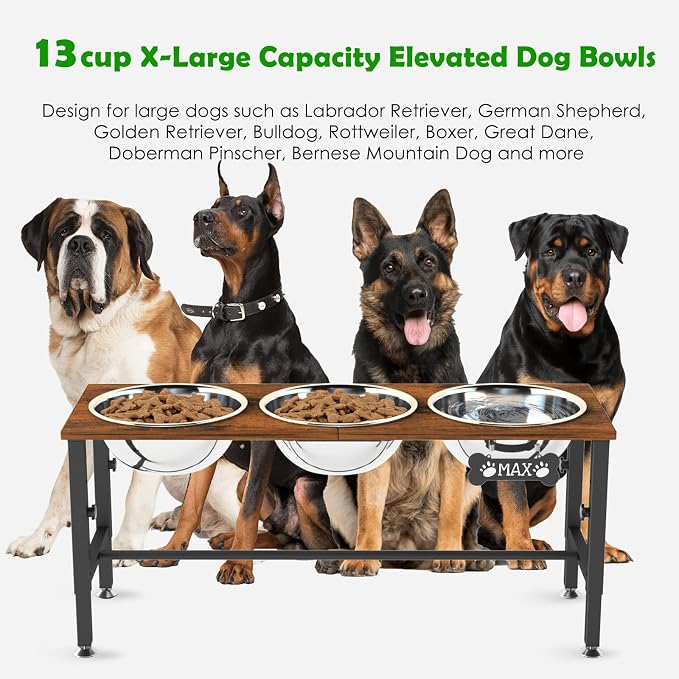 SHAINFUN Adjustable Height Elevated Dog Bowl Stand for Large & Extra Large Dogs – Wooden Raised Dog Bowls with Three 101oz Stainless Steel Bowls & Mat, Stainless Steel Food & Water Station