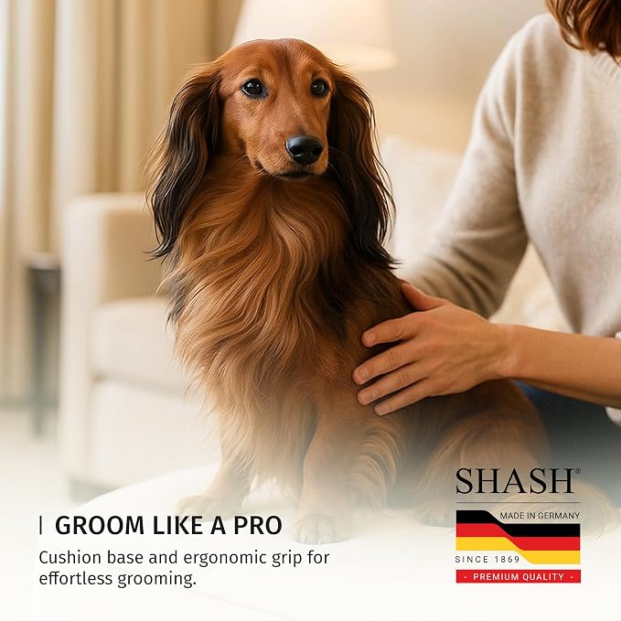 Since 1869 Hand Made In Germany - SHASH Oval Pet Brush With Long Metal Pins With Rubber Cushion - Helps Detangle Knots, Eliminate Frizz, Reduce Pulling & Snagging