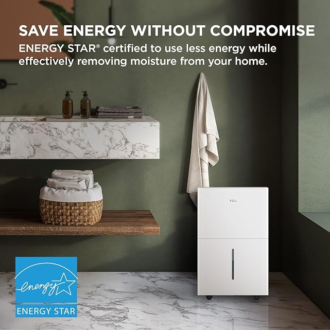 TCL 32-Pint Capacity Quiet, Energy Efficient Portable Dehumidifier, Precise Humidity Control, Bucket or Continuous Drain, Compact Humidity Absorber for Home, Attic, Garage & Rooms up to 3000 Sq Ft