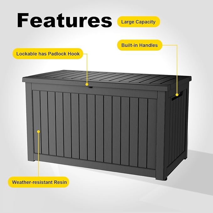 DRATO 280 Gallon Deck Boxes Outdoor Waterproof, Lockable Outdoor Storage Box for Patio Furniture Pool Supplies Garden Tools, Weatherproof Resin Storage Box for Backyard (Black, 280 Gallon)