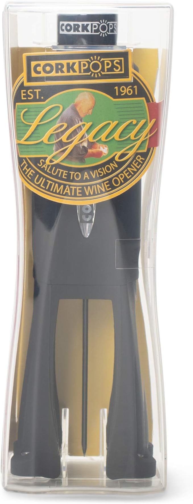 Cork Pops Legacy Wine Opener Built-in 4-Blade Foil Cutter Safe Cork Removal, Effortless Push Button Use, Needle Guard for Safety, Low-Pressure Cartridge Opens Up To 60 Bottles